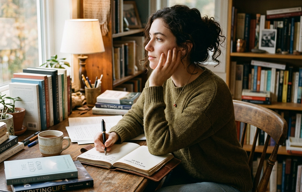Woman writing in a notebook at a book-filled desk beside a window