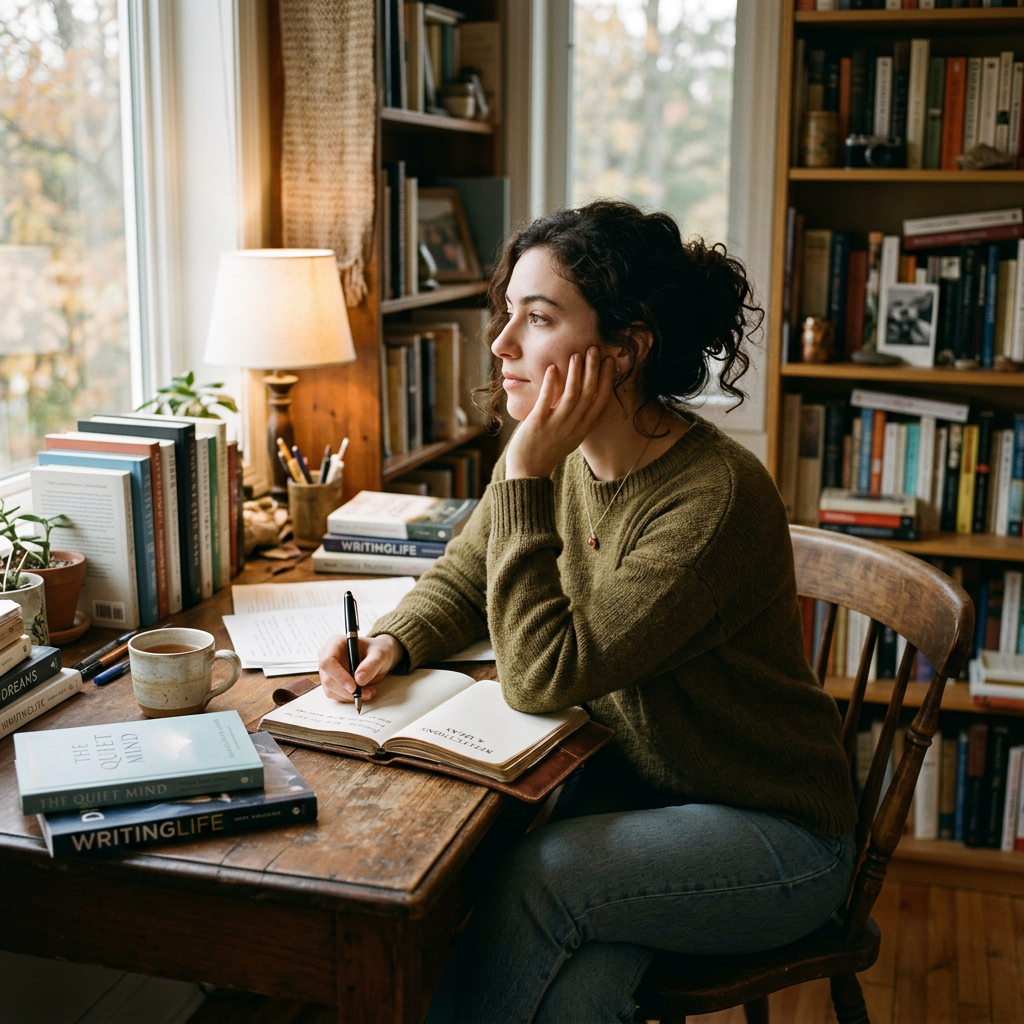 Woman writing in a notebook at a book-filled desk beside a window